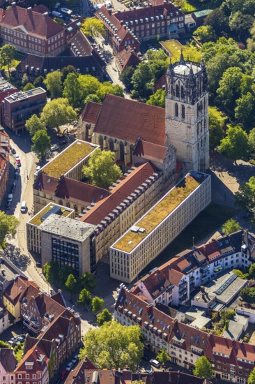 Aerial view, catholic Liebfrauen-Überwasserkirche, diocesan library Münster, Überwasserkirchplatz, Münster, Münsterland, North Rhine-Westphalia, Germany, old town, place of worship, DE, Europe, religious community, place of worship, church, parish, denomination, aerial view, aerial photography, aerial photography, religion, overview, bird's-eye view, historical city centre, overview