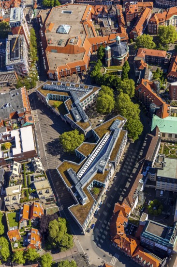 Aerial view, GALERIA Karstadt and shopping centre, Clemenskirche, Münster, Münsterland, North Rhine-Westphalia, Germany, place of worship, DE, shopping centre, shopping markets, shopping square, shopping street, shopping centre, Europe, religious community, place of worship, church, parish, denomination, aerial view, aerial photography, aerial photography, aerial photography, religion, shopping, shopping, overview, bird's eye view, birds-eyes view, overview