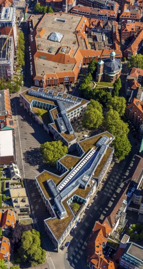 Aerial view, GALERIA Karstadt and shopping centre, Clemenskirche, Münster, Münsterland, North Rhine-Westphalia, Germany, place of worship, DE, shopping centre, shopping markets, shopping square, shopping street, shopping centre, Europe, religious community, place of worship, church, parish, denomination, aerial view, aerial photography, aerial photography, aerial photography, religion, shopping, shopping, overview, bird's eye view, birds-eyes view, overview