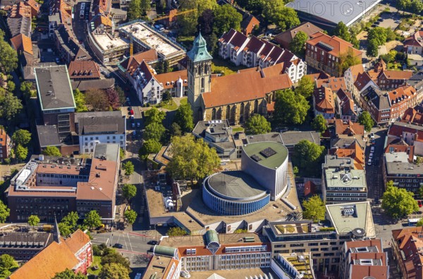 Aerial view, Old Town, St. Martini Church, Münster Theatre, Münster, Münsterland, North Rhine-Westphalia, Germany, place of worship, DE, Europe, religious community, place of worship, church, parish, denomination, culture, art, aerial view, aerial photography, aerial photography, religion, theatre, overview, events, bird's-eye view, living and working, birds-eyes view, historic city centre, overview