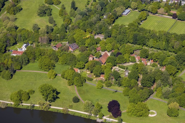 Aerial photograph, Mühlenhof open-air museum Münster, concrete rings artwork, Münster, Münsterland, North Rhine-Westphalia, Germany, exhibitions, DE, Donald Judd sculptor, Europe, open-air museum, culture, art, artwork, aerial photograph, aerial photography, aerial photography, museum, park, sculptures, overview, bird's-eye view, birds-eyes view, artisanal culture, overview