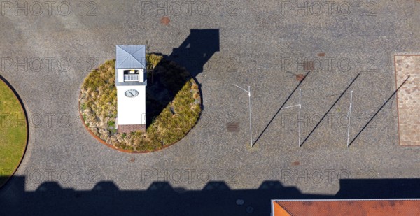 Aerial view, small house with clock, Speicherstadt Münster, An den Speichern, Münster, Münsterland, North Rhine-Westphalia, Germany, DE, Europe, aerial view, aerial photography, aerial photography, overview, bird's eye view, birds-eyes view, overview
