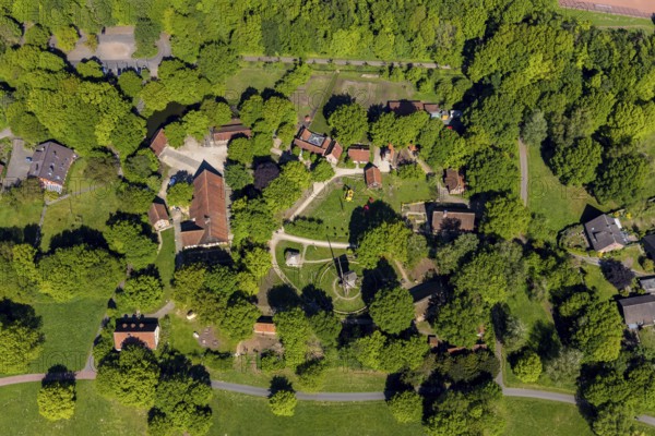 Aerial view, Mühlenhof-Freilichtmuseum Münster, mill, Münster, Münsterland, North Rhine-Westphalia, Germany, DE, Dorfkrug restaurant, food and drink, Europe, open-air museum, inn, gastronomy, culture, art, aerial photography, aerial photography, aerial photography, museum, overview, bird's eye view, birds-eyes view, cultural use, overview