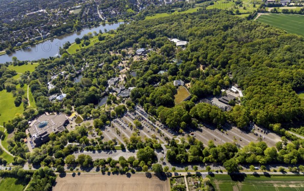 Aerial view, Allwetterzoo Münster, LWL-Museum für Naturkunde mit Planetarium, Münster, Münsterland, North Rhine-Westphalia, Germany, Aasee, DE, Europe, river Münstersche Aa, culture, art, aerial view, aerial photography, aerial photography, museum, Münstersche Aa, natural history museum, car parks, lake, reservoir, zoo, animal park, animal world, overview, bird's-eye view, forest area, zoo, Zoo Münster, birds-eyes view, cultural use, overview