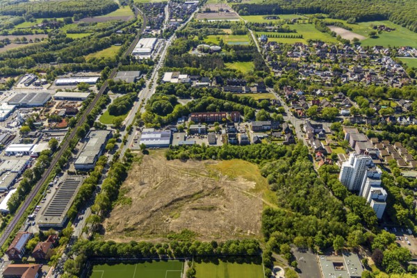 Aerial view, brownfield Berg Fidel, Münster, Münsterland, North Rhine-Westphalia, Germany, building area, building site, building plots, DE, Europe, Hammer Straße, high-rise buildings, aerial view, aerial photography, aerial photography, district house Lorenz-Süd, overview, bird's-eye view, waterworks, birds-eyes view, overview