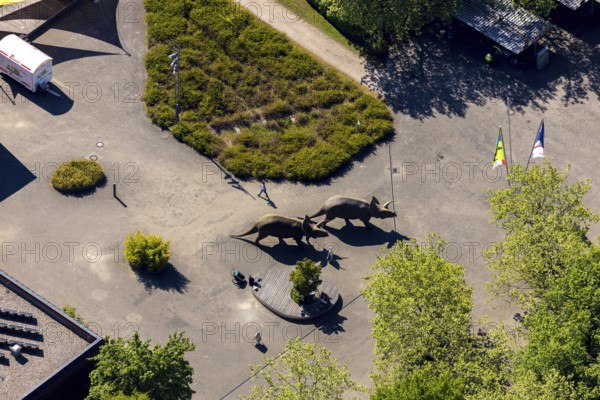 Aerial view, Allwetterzoo Münster, LWL-Museum für Naturkunde mit Planetarium, Triceratops, three-horned face, dinosaur in front of the museum, open-air area, Münster, Münsterland, North Rhine-Westphalia, Germany, DE, Europe, culture, art, aerial photography, aerial photography, aerial photography, museum, natural history museum, zoo, animal park, animal world, overview, bird's-eye view, zoo, Zoo Münster, birds-eyes view, cultural use, overview