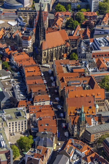 Aerial view, old town, Prinzipalmarkt, catholic St. Lamberti church, Münster, Münsterland, North Rhine-Westphalia, Germany, place of worship, DE, Europe, commercial buildings, religious community, place of worship, property tax, real estate, church, parish, denomination, aerial view, aerial photography, aerial photography, religion, overview, bird's eye view, living and life, residential area, residential buildings, birds-eyes view, historic city centre, overview