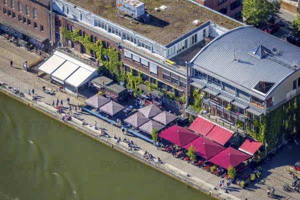 Aerial view, Münster city harbour, harbour promenade, harbour, Münster, Münsterland, North Rhine-Westphalia, Germany, outdoor gastronomy, CaféMed, DE, Europe, leisure, leisure activities, leisure centre, gastronomy, commercial enterprises, commercial area, commercial location, commercial use, harbour district, Harbourside, Klartext-Verlag, culture, aerial view, aerial photography, aerial photography, Münster from above, Münster book, trendy district, overview, bird's eye view, birds-eyes view, overview, Corona distance. Corona distance, pandemic restrictions, end of lockdown