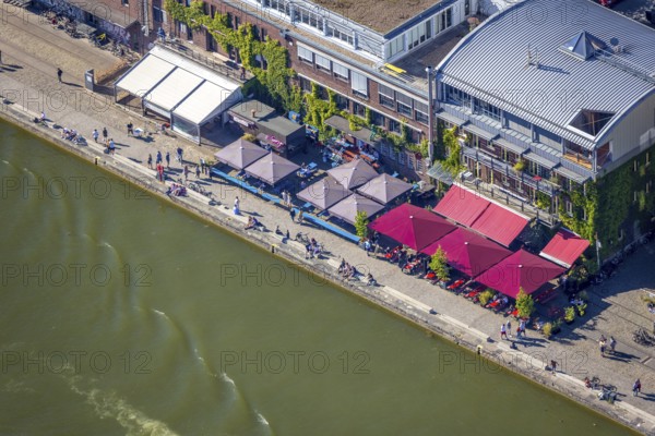 Aerial view, Münster city harbour, harbour promenade, harbour, Münster, Münsterland, North Rhine-Westphalia, Germany, outdoor gastronomy, CaféMed, DE, Europe, leisure, leisure activities, leisure centre, gastronomy, commercial enterprises, commercial area, commercial location, commercial use, harbour district, Harbourside, Klartext-Verlag, culture, aerial view, aerial photography, aerial photography, Münster from above, Münster book, trendy district, overview, bird's eye view, birds-eyes view, overview, Corona distance. Corona distance, pandemic restrictions, end of lockdown
