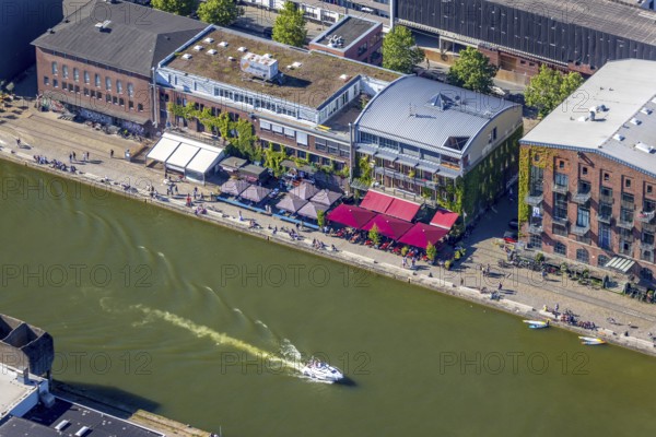 Aerial view, Münster city harbour, harbour promenade, harbour, Münster, Münsterland, North Rhine-Westphalia, Germany, outdoor gastronomy, boats, CaféMed, DE, Europe, leisure, leisure activities, leisure centre, gastronomy, commercial enterprises, commercial area, commercial location, commercial use, harbour basin, harbour area, harbour district, harbour overview, Harbourside, Hot Jazz Club, Klartext-Verlag, culture, art, Kunsthalle Münster, aerial view, aerial photography, aerial photography, motorboats, Münster from above, Münster book, trendy district, overview, bird's eye view, birds-eyes view, overview, corona distance. Corona distance, pandemic restrictions, end of lockdown