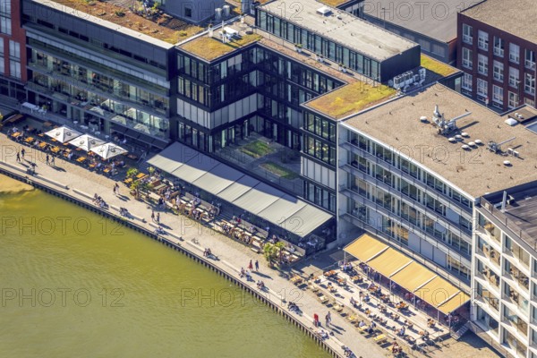 Aerial view, Münster city harbour, harbour promenade, harbour, Münster, Münsterland, North Rhine-Westphalia, Germany, outdoor gastronomy, Café Sieben, DE, Europe, leisure, leisure activities, leisure centre, gastronomy, commercial enterprises, commercial area, commercial location, commercial use, harbour district, Harbourside, Klartext-Verlag, culture, aerial view, aerial photography, aerial photography, Münster from above, Münster book, trendy district, overview, bird's eye view, birds-eyes view, overview, Corona distance. Corona distance, pandemic restrictions, end of lockdown
