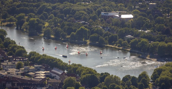 Aerial photo, sailing boats on the Aasee, Münster, Münsterland, North Rhine-Westphalia, Germany, DE, Europe, leisure, leisure activities, Klartext-Verlag, aerial photography, aerial photography, Münster from above, Münsterbuch, lake, sailing boats, overview, bird's-eye view, overview