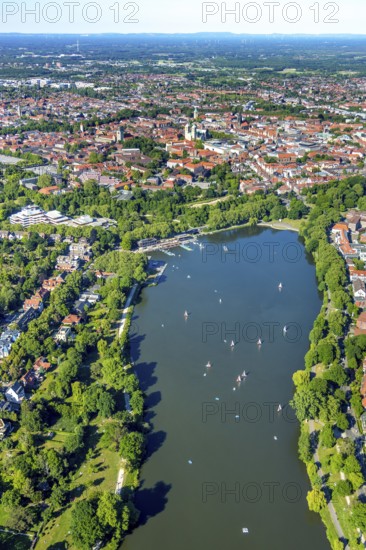 Aerial view, sailboats on the Aasee, old town view, Aasee Park, Münster, Münsterland, North Rhine-Westphalia, Germany, Aaseeterrassen, DE, cathedral, Europe, leisure, leisure activities, Klartext-Verlag, aerial view, aerial photography, aerial photography, Münster from above, Münster book, park, lake, sight, St Paul's Cathedral, overview, bird's eye view, birds-eyes view, overview