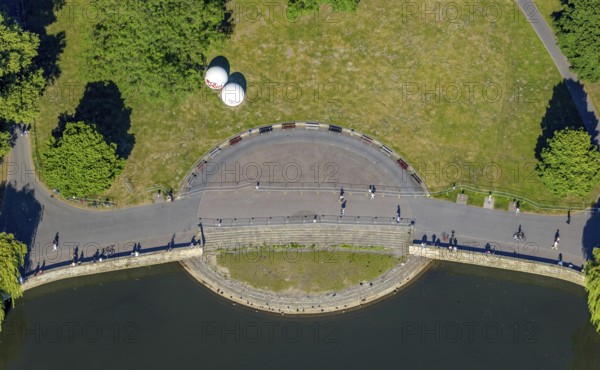 Aerial view, Aasee, sculpture Giant Pool Balls, Münster, Münsterland, North Rhine-Westphalia, Germany, Aaseeterrassen, Adenauerallee, DE, Europe, river Münstersche Aa, green trees, Klartext-Verlag, culture, art, artwork, aerial photograph, aerial photography, aerial photography, Münster from above, Münsterbuch, park, lake, overview, bird's-eye view, overview, Corona distance. Corona distance, pandemic restrictions, end of lockdown