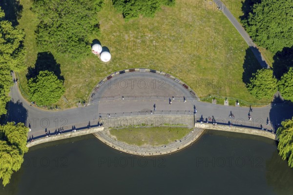 Aerial view, Aasee, sculpture Giant Pool Balls, Münster, Münsterland, North Rhine-Westphalia, Germany, Aaseeterrassen, Adenauerallee, DE, Europe, river Münstersche Aa, green trees, Klartext-Verlag, culture, art, artwork, aerial photograph, aerial photography, aerial photography, Münster from above, Münsterbuch, park, lake, overview, bird's-eye view, overview, Corona distance. Corona distance, pandemic restrictions, end of lockdown