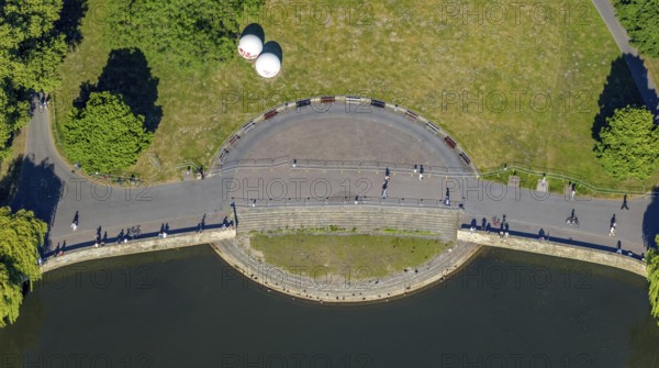 Aerial view, Aasee, sculpture Giant Pool Balls, Münster, Münsterland, North Rhine-Westphalia, Germany, Aaseeterrassen, Adenauerallee, DE, Europe, river Münstersche Aa, green trees, Klartext-Verlag, culture, art, artwork, aerial photograph, aerial photography, aerial photography, Münster from above, Münsterbuch, park, lake, overview, bird's-eye view, overview, Corona distance. Corona distance, pandemic restrictions, end of lockdown