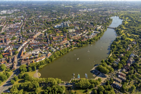 Aerial view, Aasee, Torminbrücke, sailing boats, overwater, Münster, Münsterland, North Rhine-Westphalia, Germany, DE, Europe, Klartext-Verlag, aerial view, aerial photography, aerial photography, Münster from above, Münsterbuch, recreation area, lake, overview, bird's-eye view, water tower, birds-eyes view, overview
