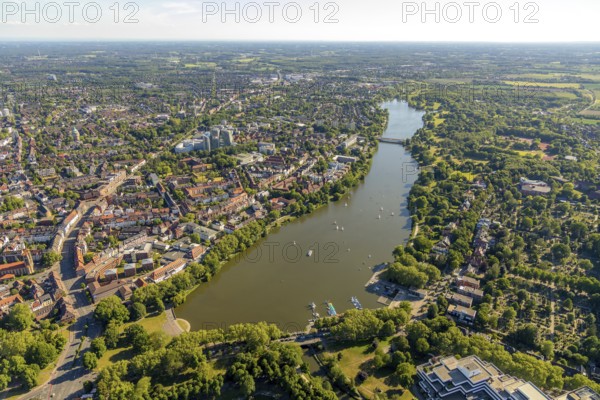 Aerial view, Aasee, Torminbrücke, sailing boats, overwater, Münster, Münsterland, North Rhine-Westphalia, Germany, DE, Europe, river Münstersche Aa, Klartext-Verlag, aerial view, aerial photography, aerial photography, Münster from above, Münsterbuch, recreation area, lake, overview, bird's-eye view, water tower, birds-eyes view, overview