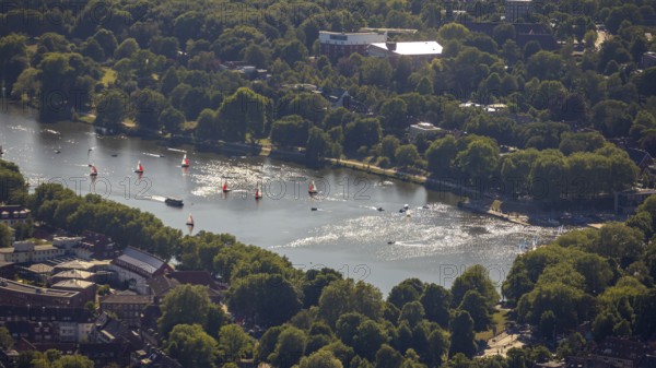 Aerial photo, sailing boats on the Aasee, Münster, Münsterland, North Rhine-Westphalia, Germany, DE, Europe, leisure, leisure activities, Klartext-Verlag, aerial photography, aerial photography, Münster from above, Münsterbuch, lake, sailing boats, overview, bird's-eye view, overview