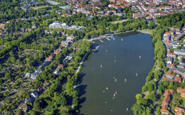 Aerial view, sailing boats on the Aasee, Aasee Park, Münster, Münsterland, North Rhine-Westphalia, Germany, Aaseeterrassen, DE, Europe, leisure, leisure activities, Klartext-Verlag, aerial view, aerial photography, aerial photography, Münster from above, Münsterbuch, lake, overview, bird's eye view, birds-eyes view, overview
