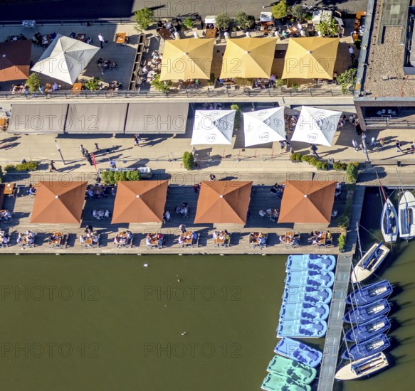 Aerial view, gastronomy at the Aasee, AASEE-AKTIV boats, sailing school Overschmidt, Pluggendorf, Münster, Münsterland, North Rhine-Westphalia, Germany, Aaseeterrassen, DE, Europe, gastronomy, Klartext-Verlag, aerial view, aerial photography, aerial photography, Münster from above, Münster book, lake, overview, bird's-eye view, overview