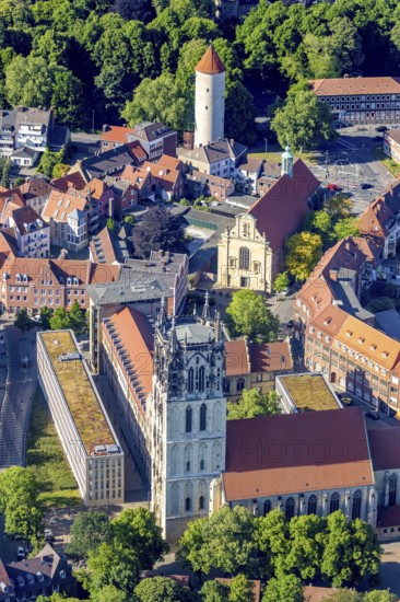 Aerial view, Protestant University Church, Buddenturm, Catholic Liebfrauen-Überwasserkirche, Münster, Münsterland, North Rhine-Westphalia, Germany, place of worship, DE, Europe, faith community, place of worship, church, church community, Klartext-Verlag, denomination, aerial view, aerial photography, aerial photography, Münster from above, Münsterbuch, religion, tower, overview, bird's-eye view, birds-eyes view, overview