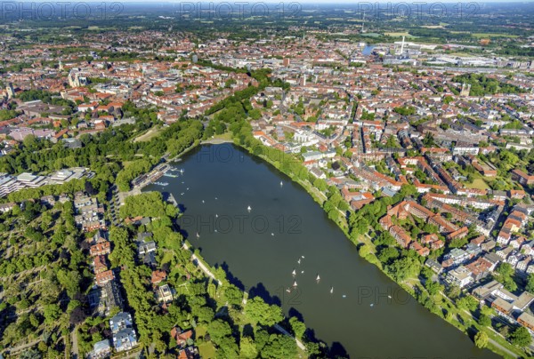 Aerial view, sailing boats on the Aasee, Aasee Park, old town view, cathedral, Münster, Münsterland, North Rhine-Westphalia, Germany, Aaseeterrassen, DE, Europe, leisure, leisure activities, Klartext-Verlag, aerial view, aerial photography, aerial photography, Münster from above, Münster book, park, lake, sight, St Paul's Cathedral, overview, bird's eye view, bird's eye view, overview
