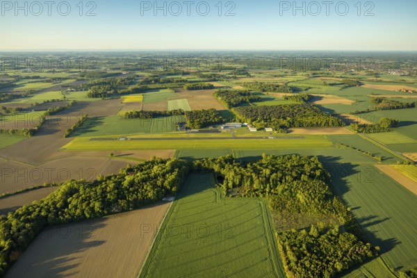 Aerial photo, Münster-Telgte airfield, Telgte, Warendorf district, Münsterland, North Rhine-Westphalia, Germany, DE, Europe, distant view, airport, FunFlight flight school, runway, aerial photo, aerial photography, aerial photography, runway, overview, bird's-eye view, woodland, meadows and fields, birds-eyes view, overview