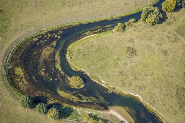 Aerial view, river Lippe, Lippe meadows, nature reserve, Lippborg, Lippetal, district Soest, North Rhine-Westphalia, Germany, DE, Europe, district Soest-Buch, district Soest-Buch, aerial view, aerial photography, aerial photography, nature reserve, nature conservation, overview, environmental protection, bird's eye view, meadows and fields, meadows and pastures, birds-eyes view, national nature reserve, overview, Lippe meander, meandering river, meanders
