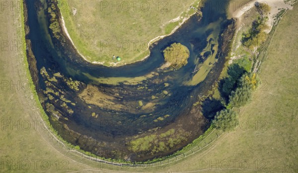 Aerial view, river Lippe, Lippe meadows, nature reserve, Lippborg, Lippetal, district Soest, North Rhine-Westphalia, Germany, DE, Europe, district Soest-Buch, district Soest-Buch, aerial view, aerial photography, aerial photography, nature reserve, nature conservation, overview, environmental protection, bird's eye view, meadows and fields, meadows and pastures, birds-eyes view, national nature reserve, overview, Lippe meander, meandering river, meanders