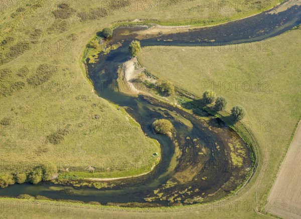 Aerial view, river Lippe, Lippe meadows, nature reserve, Lippborg, Lippetal, district Soest, North Rhine-Westphalia, Germany, DE, Europe, district Soest-Buch, district Soest-Buch, aerial view, aerial photography, aerial photography, nature reserve, nature conservation, overview, environmental protection, bird's eye view, meadows and fields, meadows and pastures, birds-eyes view, national nature reserve, overview, Lippe meander, meandering river, meanders