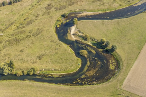 Aerial view, river Lippe, Lippe meadows, nature reserve, Lippborg, Lippetal, district Soest, North Rhine-Westphalia, Germany, DE, Europe, district Soest-Buch, district Soest-Buch, aerial view, aerial photography, aerial photography, nature reserve, nature conservation, overview, environmental protection, bird's eye view, meadows and fields, meadows and pastures, birds-eyes view, national nature reserve, overview, Lippe meander, meandering river, meanders