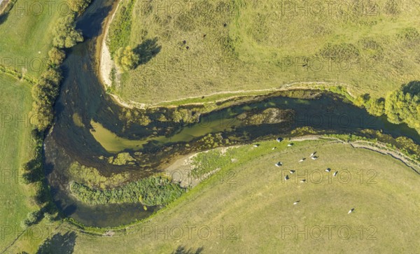 Aerial view, river Lippe, Lippe meadows, nature reserve, Lippborg, Lippetal, district Soest, North Rhine-Westphalia, Germany, DE, Europe, district Soest-Buch, district Soest-Buch, aerial view, aerial photography, aerial photography, nature reserve, nature conservation, overview, environmental protection, bird's eye view, meadows and fields, meadows and pastures, birds-eyes view, national nature reserve, overview, Lippe meander, meandering river, meanders