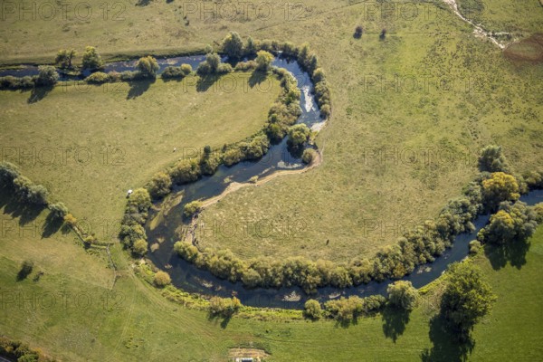 Aerial view, river Lippe, Lippe floodplains, nature reserve, Lippborg, Lippetal, district Soest, North Rhine-Westphalia, Germany, DE, Europe, district Soest-Buch, district Soest-Buch, aerial view, aerial photography, aerial photography, nature reserve, nature conservation, overview, environmental protection, bird's eye view, meadows and fields, meadows and pastures, birds-eyes view, grazing cows, national nature reserve, overview