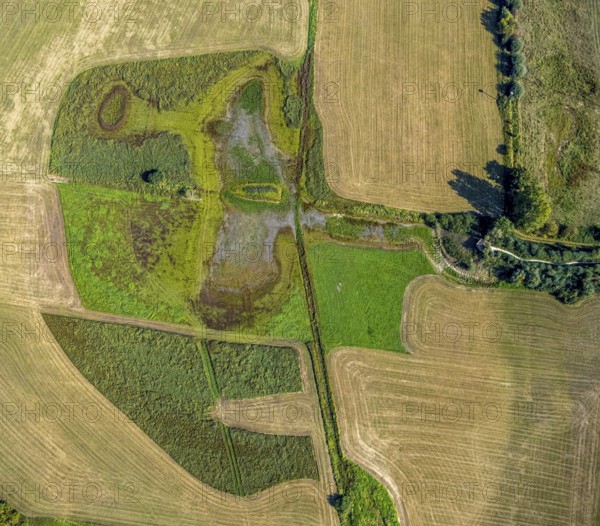 Aerial photograph, Disselmersch observation hut in the Lippe floodplains, Büninghausener Straße, Heintrop, Lippetal, Soest district, North Rhine-Westphalia, Germany, DE, Europe, grassland areas, Soest-Buch district, Soest-Buch district, cultural landscape, landscape, Lippe floodplain, aerial photograph, aerial photography, aerial photography, nature reserve, nature conservation area, overview, environmental protection, bird's-eye view, national nature reserve, overview