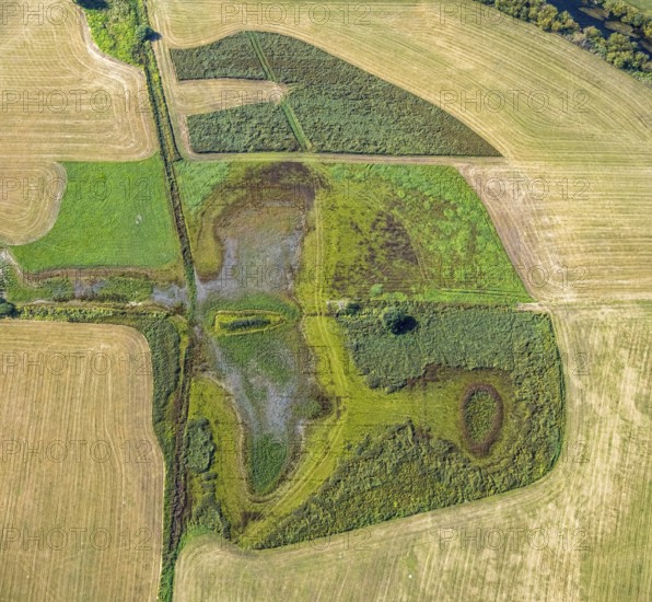 Aerial photograph, Disselmersch observation hut in the Lippe floodplains, Büninghausener Straße, Heintrop, Lippetal, Soest district, North Rhine-Westphalia, Germany, DE, Europe, grassland areas, Soest-Buch district, Soest-Buch district, cultural landscape, landscape, Lippe floodplain, aerial photograph, aerial photography, aerial photography, nature reserve, nature conservation area, overview, environmental protection, bird's-eye view, national nature reserve, overview