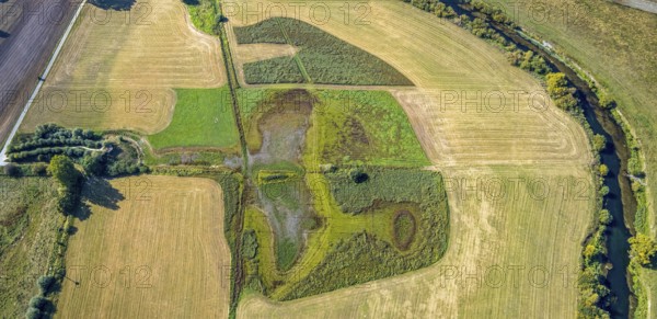 Aerial photograph, Disselmersch observation hut in the Lippe floodplains, Büninghausener Straße, Heintrop, Lippetal, Soest district, North Rhine-Westphalia, Germany