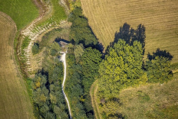 Aerial photograph, Disselmersch observation hut in the Lippe floodplains, Büninghausener Straße, Heintrop, Lippetal, Soest district, North Rhine-Westphalia, Germany, DE, Europe, grassland areas, Soest-Buch district, Soest-Buch district, cultural landscape, landscape, Lippe floodplain, aerial photograph, aerial photography, aerial photography, nature reserve, nature conservation area, overview, environmental protection, bird's-eye view, national nature reserve, overview