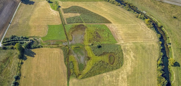 Aerial view, observation hut Disselmersch in the Lippe floodplains, river Lippe, Büninghausener Straße, Heintrop, Lippetal, district Soest, North Rhine-Westphalia, Germany, DE, Europe, grassland areas, district Soest-Buch, district Soest-Buch, cultural landscape, landscape, Lippe floodplain, aerial view, aerial photography, aerial photography, nature reserve, nature conservation area, overview, environmental protection, bird's eye view, birds-eyes view, national nature reserve, overview