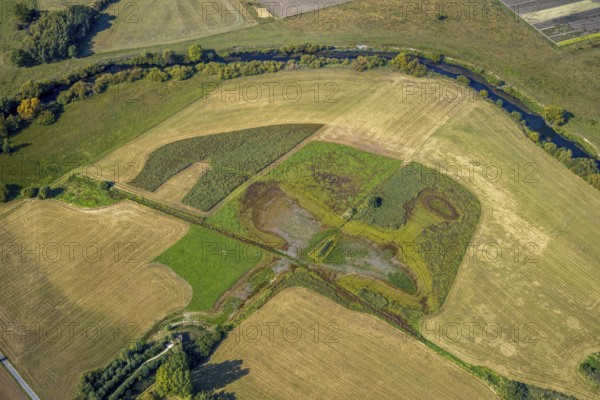 Aerial view, observation hut Disselmersch in the Lippe floodplains, river Lippe, Büninghausener Straße, Heintrop, Lippetal, district Soest, North Rhine-Westphalia, Germany, DE, Europe, grassland areas, district Soest-Buch, district Soest-Buch, cultural landscape, landscape, Lippe floodplain, aerial view, aerial photography, aerial photography, nature reserve, nature conservation area, overview, environmental protection, bird's eye view, birds-eyes view, national nature reserve, overview