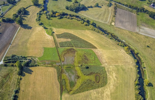 Aerial view, observation hut Disselmersch in the Lippe floodplains, river Lippe, Büninghausener Straße, Heintrop, Lippetal, district Soest, North Rhine-Westphalia, Germany, DE, Europe, grassland areas, district Soest-Buch, district Soest-Buch, cultural landscape, landscape, Lippe floodplain, aerial view, aerial photography, aerial photography, nature reserve, nature conservation area, overview, environmental protection, bird's eye view, birds-eyes view, national nature reserve, overview
