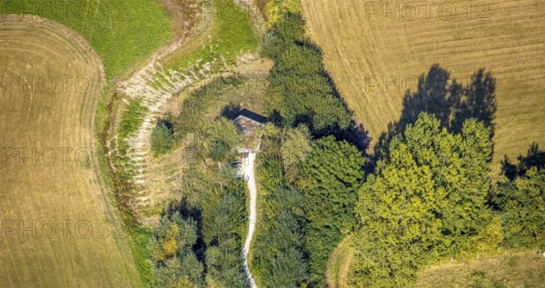 Aerial photograph, Disselmersch observation hut in the Lippe floodplains, Büninghausener Straße, Heintrop, Lippetal, Soest district, North Rhine-Westphalia, Germany, DE, Europe, grassland areas, Soest-Buch district, Soest-Buch district, cultural landscape, landscape, Lippe floodplain, aerial photograph, aerial photography, aerial photography, nature reserve, nature conservation area, overview, environmental protection, bird's-eye view, national nature reserve, overview