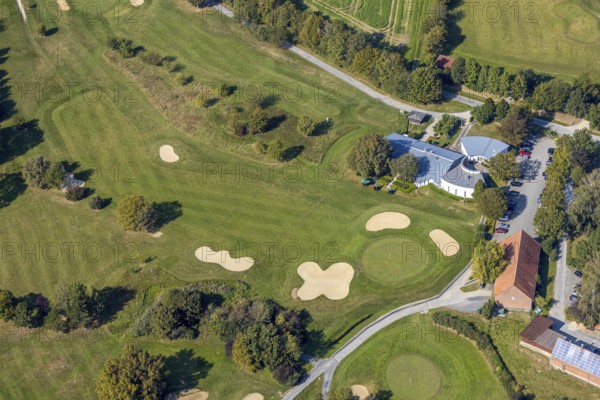 Aerial view, golf course, Golfclub Stahlberg im Lippetal e.V., Ebbeckeweg, Lippborg, Lippetal, Kreis Soest, North Rhine-Westphalia, Germany, clubhouse, DE, Europe, golf, golf course, golf club, Kreis-Soest-Buch, KreisSoestBuch, aerial view, aerial photography, aerial photography, sports, overview, bird's-eye view, meadows and fields, birds-eyes view, overview