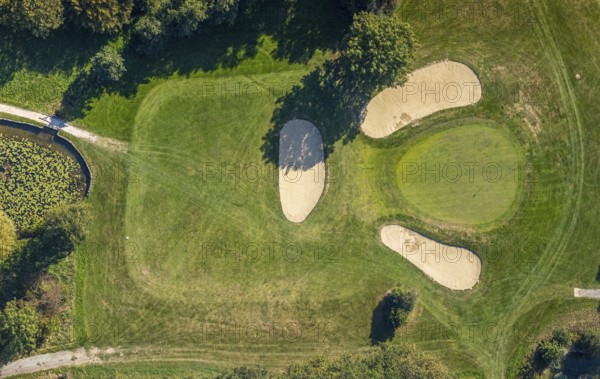 Aerial view, golf course, Golfclub Stahlberg im Lippetal e.V., Ebbeckeweg, Lippborg, Lippetal, Kreis Soest, North Rhine-Westphalia, Germany, DE, Europe, golf, golf course, golf club, Kreis-Soest-Buch, KreisSoestBuch, aerial view, aerial photography, aerial photography, sports, overview, bird's-eye view, meadows and fields, birds-eyes view, overview