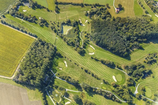 Aerial view, golf course, Golfclub Stahlberg im Lippetal e.V., Ebbeckeweg, Lippborg, Lippetal, Kreis Soest, North Rhine-Westphalia, Germany, DE, Europe, golf, golf course, golf club, Kreis-Soest-Buch, KreisSoestBuch, aerial view, aerial photography, aerial photography, sports, overview, bird's-eye view, meadows and fields, birds-eyes view, overview