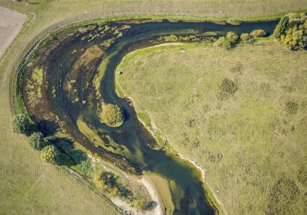 Aerial view, river Lippe, Lippe meadows, nature reserve, Lippborg, Lippetal, district Soest, North Rhine-Westphalia, Germany, DE, Europe, district Soest-Buch, district Soest-Buch, aerial view, aerial photography, aerial photography, nature reserve, nature conservation, overview, environmental protection, bird's eye view, meadows and fields, meadows and pastures, birds-eyes view, national nature reserve, overview, Lippe meander, meandering river, meanders