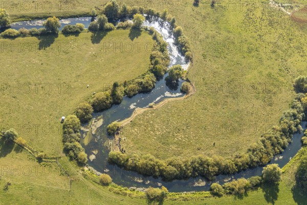 Aerial view, river Lippe, Lippe floodplains, nature reserve, Lippborg, Lippetal, district Soest, North Rhine-Westphalia, Germany, DE, Europe, district Soest-Buch, district Soest-Buch, aerial view, aerial photography, aerial photography, nature reserve, nature conservation, overview, environmental protection, bird's eye view, meadows and fields, meadows and pastures, birds-eyes view, grazing cows, national nature reserve, overview