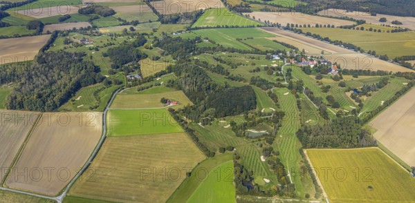 Aerial view, golf course, Golfclub Stahlberg im Lippetal e.V., Ebbeckeweg, Lippborg, Lippetal, Kreis Soest, North Rhine-Westphalia, Germany, DE, Europe, golf, golf course, golf club, Kreis-Soest-Buch, KreisSoestBuch, aerial view, aerial photography, aerial photography, sports, overview, bird's-eye view, meadows and fields, birds-eyes view, overview