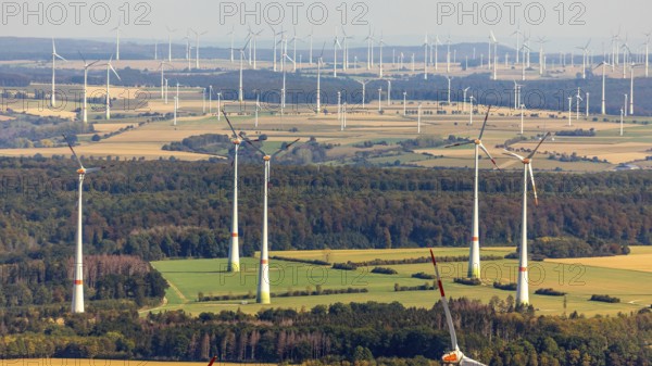 Aerial photo, wind turbines, wind farm, Henglarn, Lichtenau, Ostwestfalen-Lippe, OWL, North Rhine-Westphalia, Germany, DE, energy, energy supplier, energy industry, Europe, aerial photo, aerial photography, aerial photography, OWL book, OWLBuch, Ostwestfalenbuch, electricity, overview, bird's-eye view, WEA, wind energy, wind turbine, wind farm, wind power, wind power plant, birds-eyes view, overview