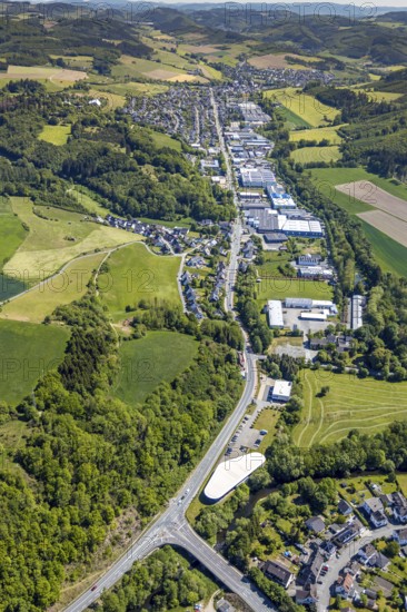 Aerial view, commercial area Bielefelder Straße, residential area Elspe, river Lenne, Trockenbrück, Lennestadt, Sauerland, North Rhine-Westphalia, Germany, car dealership Marxen, federal road B55, DE, Europe, commercial enterprises, commercial area, commercial area, commercial location, commercial use, hilly landscape, industrial area, industrial location, aerial view, aerial photography, aerial photography, overview, bird's eye view, meadows and fields, birds-eyes view, overview